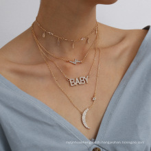 fashion bling bling diamond multi-layer charm pendant necklaces women,gold plated moon star shape BABY necklace jewelry